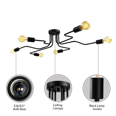 Wrought Iron Large Ceiling Fixture Industrial Vintage 6 Light Flush Mount Ceiling Light in Black