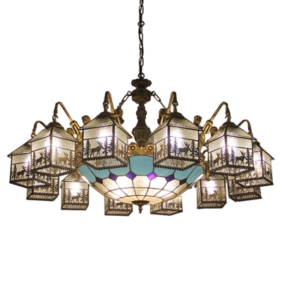 Lodge Style Elk Pattern House Shape Glass Shade Chandelier with Blue Checkered Center Bowl