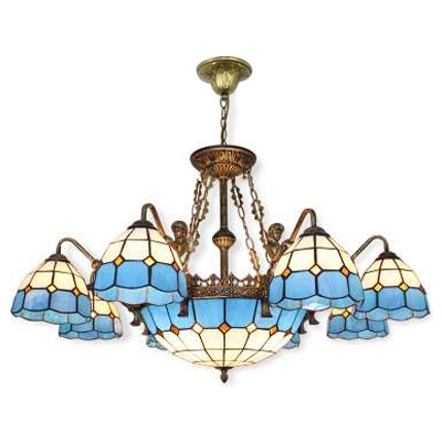 Mediterranean Style Blue&White Checkered Art Glass Chandelier with Bronze Finish Mermaid Arms