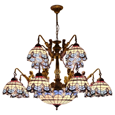 Mediterranean Style Stained Glass Center Bowl Chandelier with 12 Arms Featuring Mermaid Design