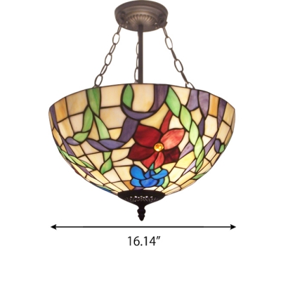 Multicolored Flower Motif Triple-Light Inverted Ceiling Pendant Light in Bronze Finish