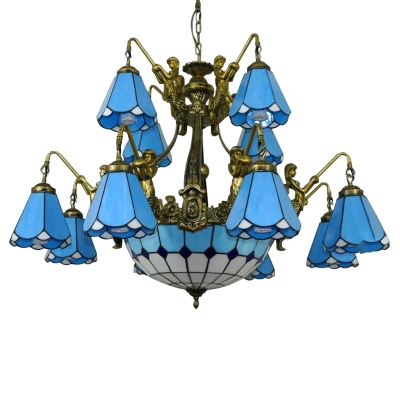 White/Blue Magnolia Shade Tiffany Stained Glass Chandelier with Mermaid Shaped Arms