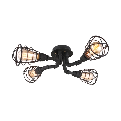 Wrought Iron Pipe Semi Flush Light Industrial Wire Guard 4 Light Ceiling Light in Black Finish