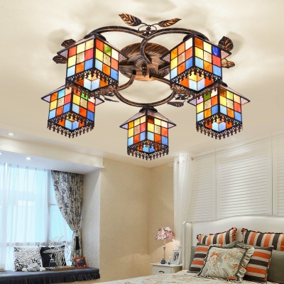 Art Glass Lodge Shade 3/5-Light Semi Flush Ceiling Fixture with Leaves Accent Distressed Bronze Canopy