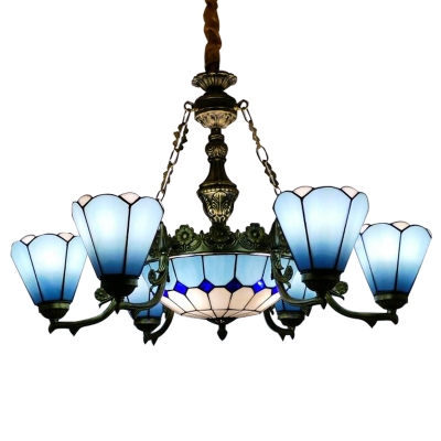 Blue Magnolia Designed 6+1/8+1 Chandelier with Stained Glass Center Bowl in Mediterranean Style