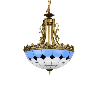 Mediterranean Style 2-Light Blue&White Bowl Shade Inverted Hanging Light with Gorgeous Gold Floral Rim
