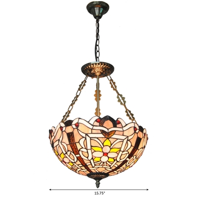 Ornate Flower Patterned Restaurant Hanging Light Fixture with Stained Glass Bowl Shade, 2 Designs for Choice