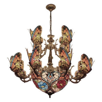 Tiffany Stained Glass 2-Tier Butterfly Shade Chandelier with Floral Center Bowl 38.58