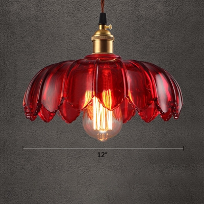 Country Style Red Glass Floral Shade Single Pendant Lighting in Brass for Cafe Restaurant (3 Sizes for Choice)