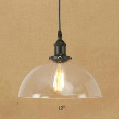 Industrial Semicircle Hanging Light Clear Glass 1 Head Suspension Light in Black Finish for Cafe Restaurant