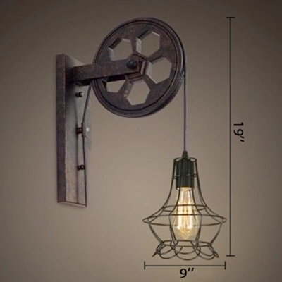 Industrial Pulley Single Wall Sconce with Wired Guard for Restaurant Warehouse Pathway