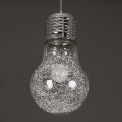 Bulb Shape Hanging Pendant Industrial Glass Shade Single Light Suspension in Chrome for Hallway