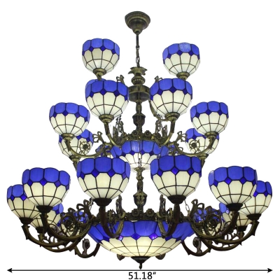 Mediterranean Style 3-Tier Dark Blue Stained Glass Chandelier for Hotel Lobby