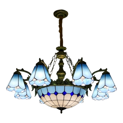 Blue Magnolia Designed 6+1/8+1 Chandelier with Stained Glass Center Bowl in Mediterranean Style