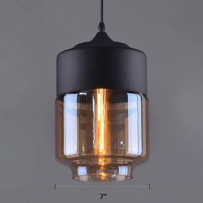 Ceiling Pendant 1 Light with Amber Glass Cylindrical Shade in Black for Dining Room Cafe (2 Sizes for Choice)
