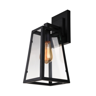 Industrial Trapezoid Wall Light in Clear Glass Wrought Iron Frame Single Light Wall Sconce in Black