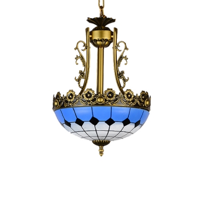 Mediterranean Style 2-Light Blue&White Bowl Shade Inverted Hanging Light with Gorgeous Gold Floral Rim