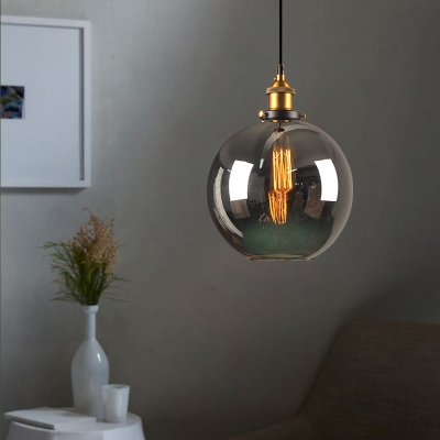 Vintage Loft Style Orb Hanging Light 1 Light Pendant Lamp with Smoke Glass in Polished Brass for Kitchen