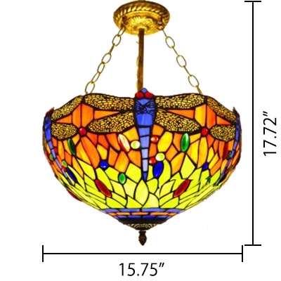 Classic Art Tiffany Semi-Flush Mount Ceiling Fixture with Colorful Dragonfly Pattern, 3 Light, 16-Inch Wide Glass Shade