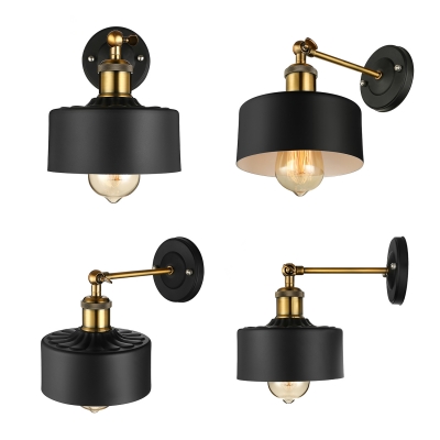 Drum Shade 1Lt Wall Sconce with Adjustable Arm Vintage Style Single Light Sconce Lighting in Black