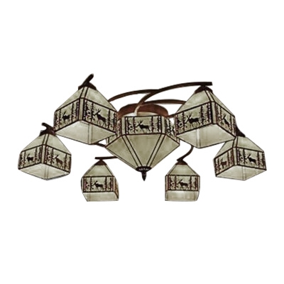 Elk&Woods Designed Square Shade Semi Flush Light with Octagonal Middle Shade in Lodge Style