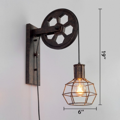 Industrial Pulley Single Wall Sconce with Wired Guard for Restaurant Warehouse Pathway