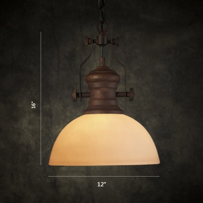 Industrial Style White Glass One Light Hanging Lamp in Antique Rust Finish