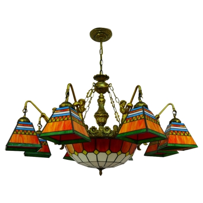 Multicolored Geometric Pattern Square Shade Mermaid Arm Chandelier with Orange Checkered Center Bowl