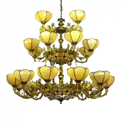 3-Tier Yellow Flower Shade Tiffany Inverted Chandelier with Multicolored Jewels Accented Center Bowl