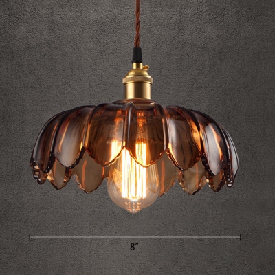 Industrial Style Hanging Pendant Single Light with Brown Glass Floral Shade in Brass for Cafe Warehouse
