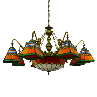 Multicolored Geometric Pattern Square Shade Mermaid Arm Chandelier with Orange Checkered Center Bowl