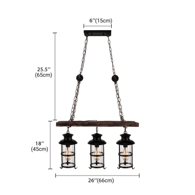 Nautical Wrought Iron Multi Light Pendant Industrial Wood 3 Light Island Pendant with Wire Guard in Black