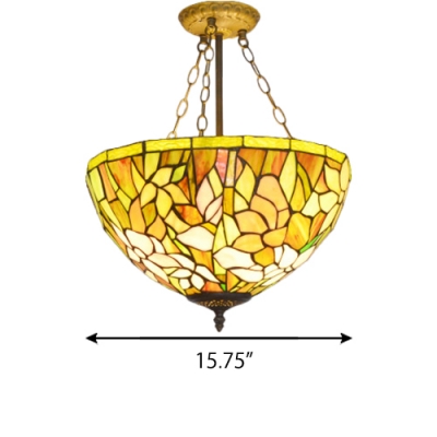 Tiffany Yellow Stained Glass Floral Theme Bowl Shade Hanging Light 15.75