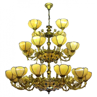 3-Tier Yellow Flower Shade Tiffany Inverted Chandelier with Multicolored Jewels Accented Center Bowl