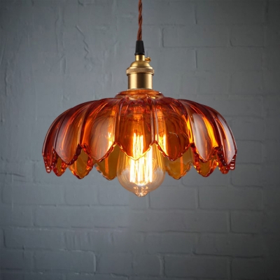 Light Brown Glass Hanging Pendant 1 Light with Floral Shade for Bar Warehouse, in Brass