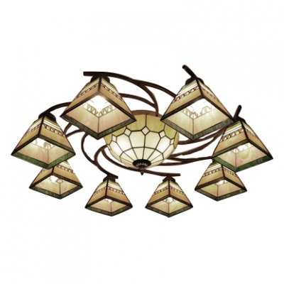 Yellow Geometric Patterned Center Bowl Ceiling Light Fixture with 6/8 Pyramid Shades for Living Room&Hotel Lobby