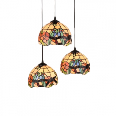 3 Lights Parrot Design Suspended Light Vintage Stained Glass Lighting Fixture in Multicolor