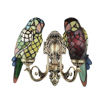 6-Inch Wide Tiffany Double Light Wall Sconce with Colorful Parrot Shaped Shade