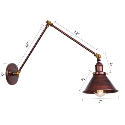 Adjustable Cone Wall Sconce Retro Style Metal 1 Light Wall Light in Rust for Study Room
