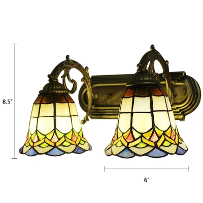 Aged Brass Finish Bell Wall Sconce Tiffany Style Stained Glass Double Lights Wall Lamp