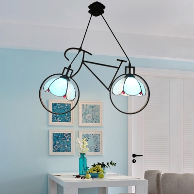Aqua Bicycle Suspended Light Tiffany Modern Stained Glass 2 Lights Hanging Lamp for Kids