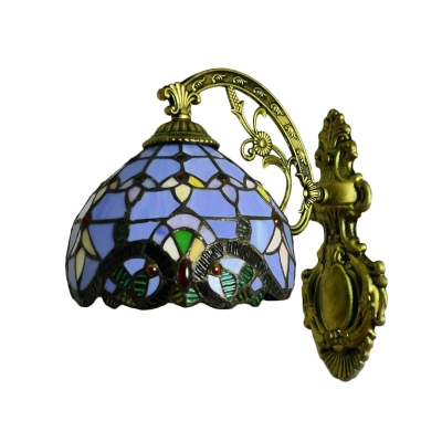 Beige/Blue Dome Wall Light Baroque Tiffany Style Stained Glass Wall Sconce for Bedroom