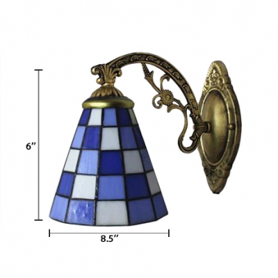 Checkered Pattern Accent Wall Sconce Tiffany Style Stained Glass Wall Lamp in Blue