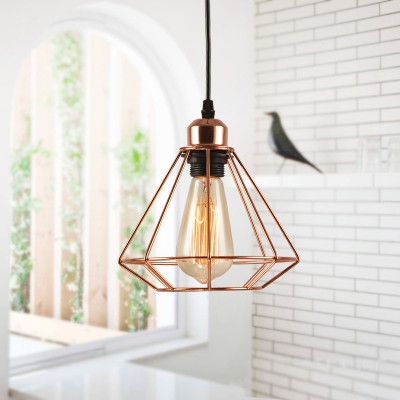 Diamond Shape Pendant Lamp Vintage Iron Single Bulb Hanging Light in Rose Gold with Metal Frame
