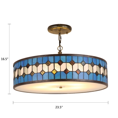 Drum Hanging Lamp Tiffany Mediterranean Style Stained Glass 3/5 Lights Pendant Light in Blue