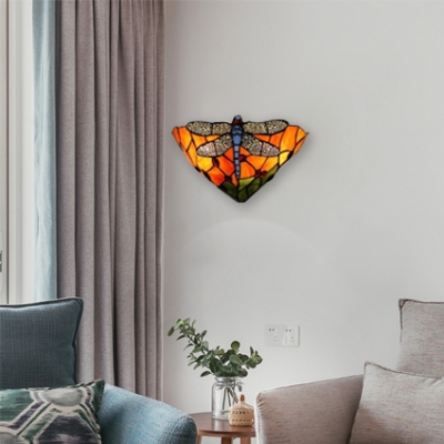 Gorgeous Dragonfly Orange/Blue Stained Glass Shade Hallway Two Light Wall Sconce, 12