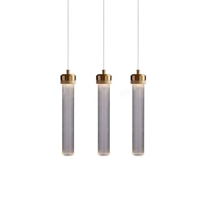 Optic Ribbed Shade Pendant Light Post Modern Clear Glass Tube LED Hanging Light in Gold Finish