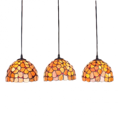 Orange Dome Hanging Light Tiffany Style Stained Glass 3 Heads Pendant Light for Hallway