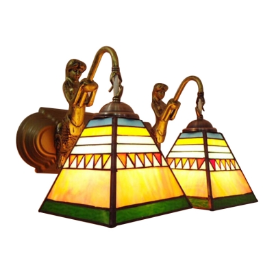 Pyramid Wall Mount Fixture Tiffany Retro Style Stained Glass 2 Heads Mermaid Sconce Lighting
