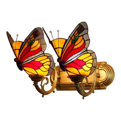 Scarlet Red Butterfly Lighting Fixture Tiffany Rustic Stained Glass 2 Heads Accent Wall Sconce